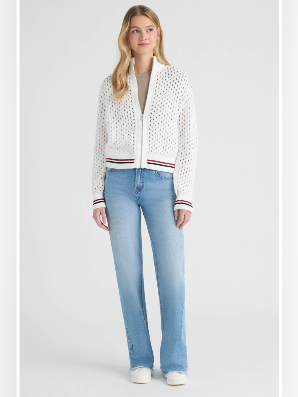 Hunter Women's White Cropped Openwork Bomber Jacket White with Red & Black Trim - Picture 12 of 12